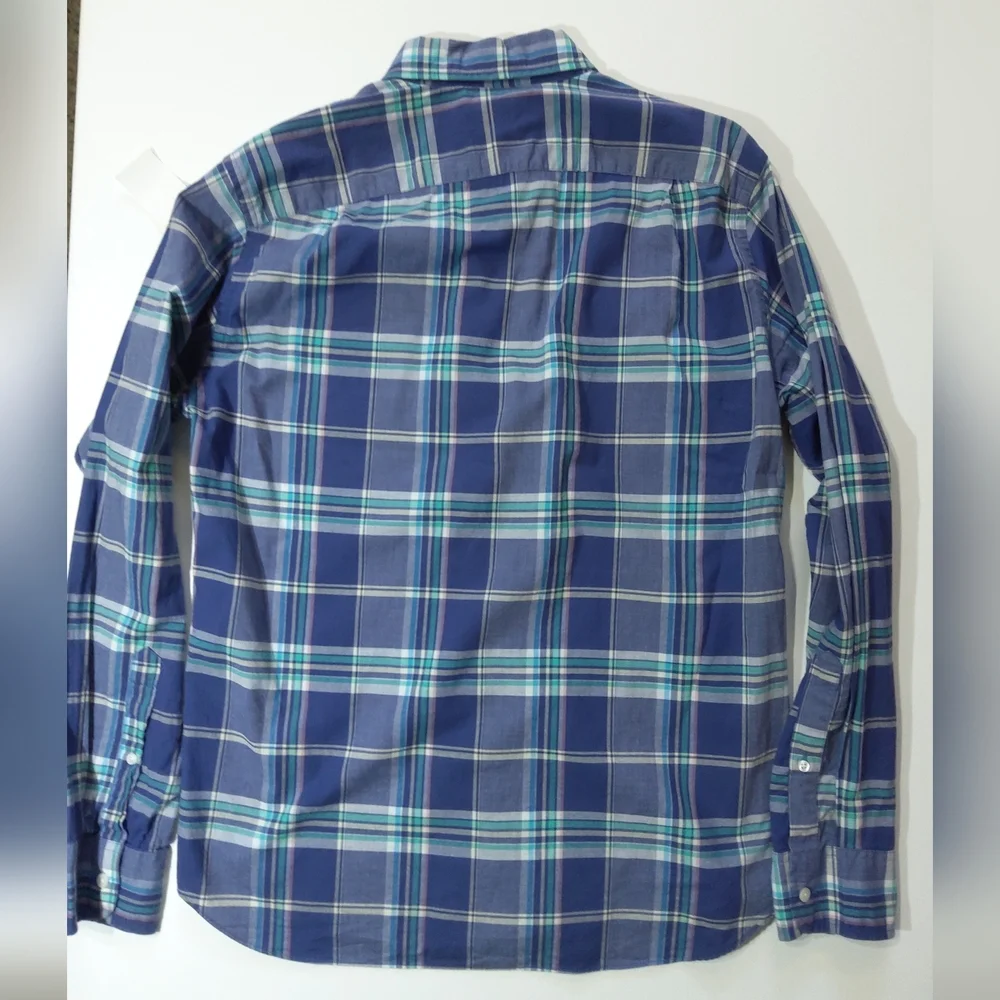 J.Crew Mens Button Down Medium Blue Green Summer Plaid‎ Slim Fit Preppy Casual